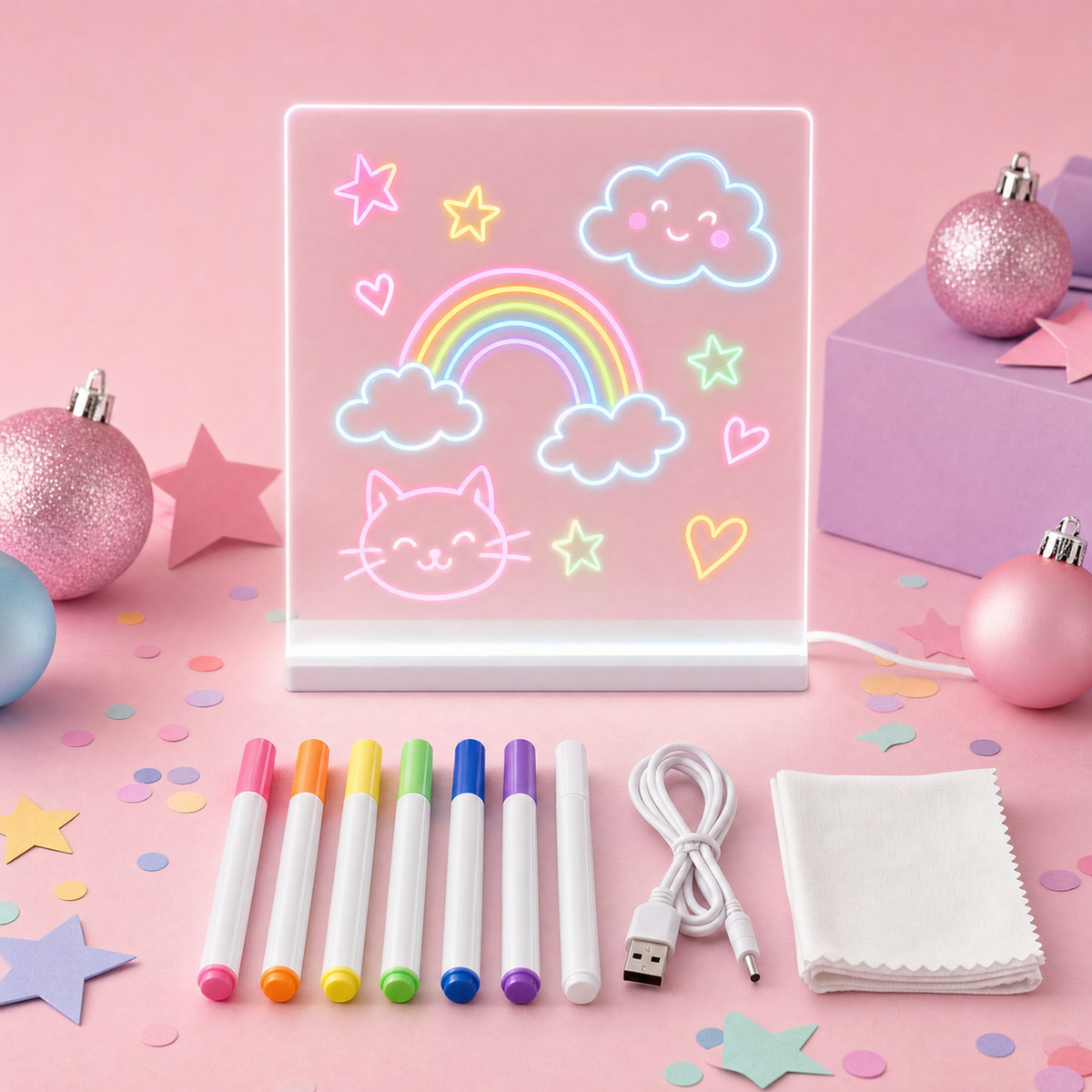 Tablica Tabio z 7 neonowymi markerami, kablem USB i ściereczką